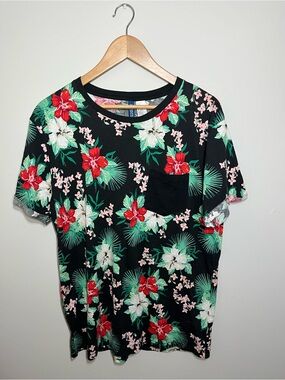 Black Floral Pocket Tee with Red & White Blooms